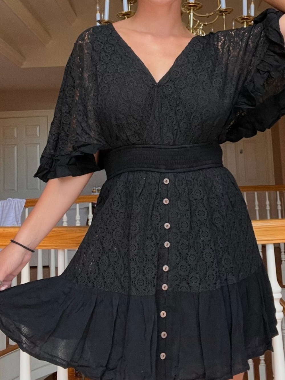 Lush Black Lace V-Neck Button-Front Mini Dress